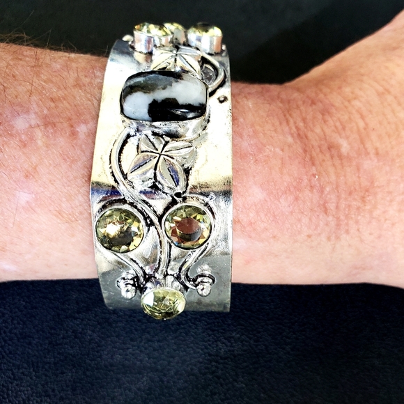 New Zebra Jasper and Citrine 925 Silver Cuff Bracelet. - Picture 5 of 12